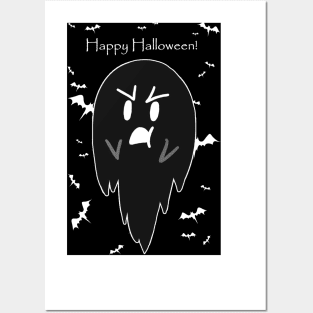 "Happy Halloween" Black Pouty Ghost Posters and Art